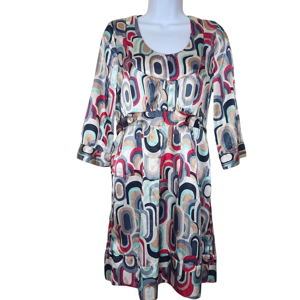 OLIVE des OLIVE Dress Womens Medium Multicolor Mod Geometric Satin 3/4 Sleeve